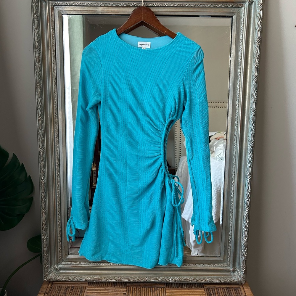 Superdown Blue Sheath Dress with Cuffed Long Sleeves